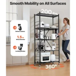 VEVOR 5-Tier Foldable Storage Shelf, 32W x 14D x 72H Inch Folding Metal Rack Shelving Unit, No Assembly Organizer Shelf with 5 Wheels & 4 Hooks for Pantry, Kitchen, Garage, Basement, Black