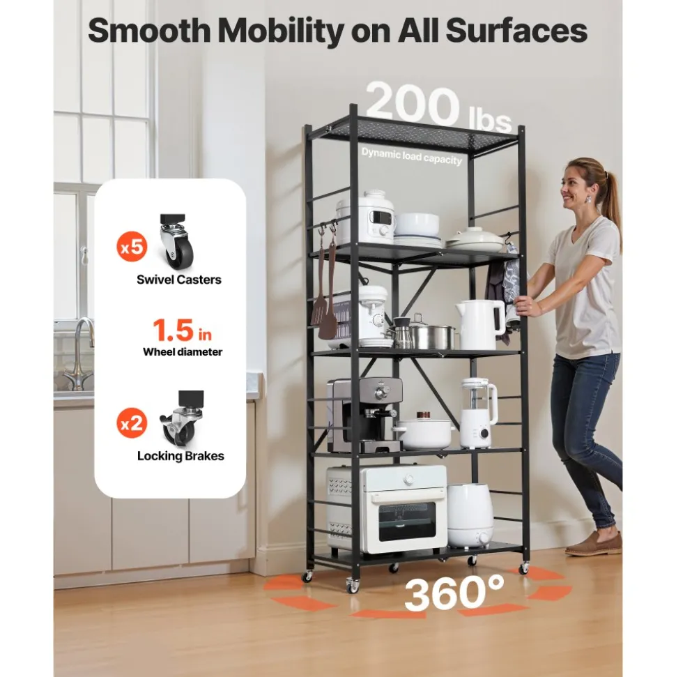 VEVOR 5-Tier Foldable Storage Shelf, 32W x 14D x 72H Inch Folding Metal Rack Shelving Unit, No Assembly Organizer Shelf with 5 Wheels & 4 Hooks for Pantry, Kitchen, Garage, Basement, Black
