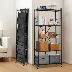 VEVOR 5-Tier Foldable Storage Shelf, 32W x 14D x 72H Inch Folding Metal Rack Shelving Unit, No Assembly Organizer Shelf with 5 Wheels & 4 Hooks for Pantry, Kitchen, Garage, Basement, Black