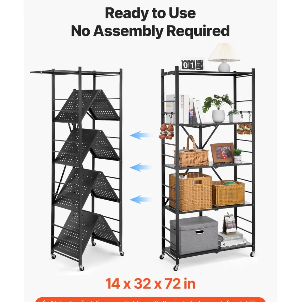 VEVOR 5-Tier Foldable Storage Shelf, 32W x 14D x 72H Inch Folding Metal Rack Shelving Unit, No Assembly Organizer Shelf with 5 Wheels & 4 Hooks for Pantry, Kitchen, Garage, Basement, Black