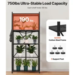 VEVOR 5-Tier Foldable Storage Shelf, 32W x 14D x 72H Inch Folding Metal Rack Shelving Unit, No Assembly Organizer Shelf with 5 Wheels & 4 Hooks for Pantry, Kitchen, Garage, Basement, Black