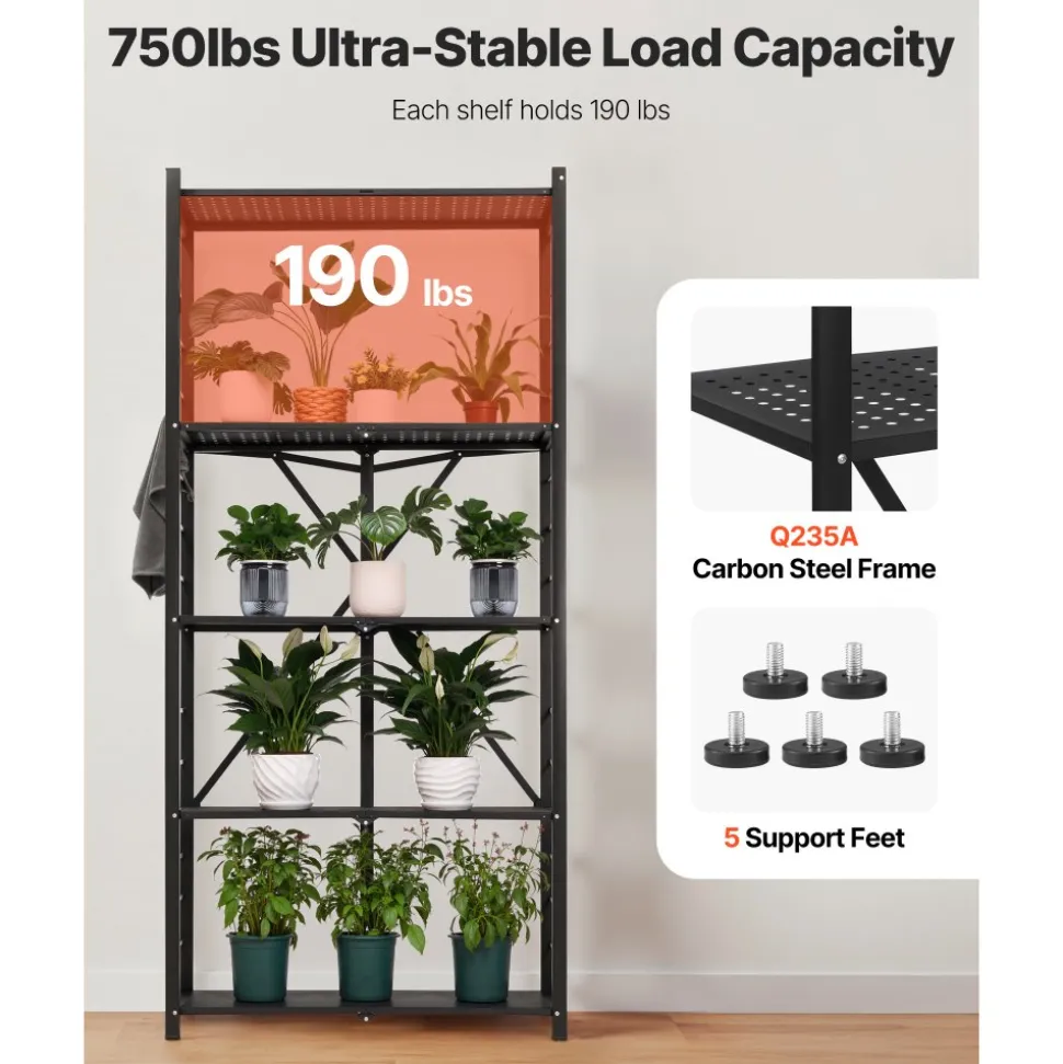 VEVOR 5-Tier Foldable Storage Shelf, 32W x 14D x 72H Inch Folding Metal Rack Shelving Unit, No Assembly Organizer Shelf with 5 Wheels & 4 Hooks for Pantry, Kitchen, Garage, Basement, Black