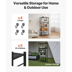 VEVOR 5-Tier Foldable Storage Shelf, 32W x 14D x 72H Inch Folding Metal Rack Shelving Unit, No Assembly Organizer Shelf with 5 Wheels & 4 Hooks for Pantry, Kitchen, Garage, Basement, Black