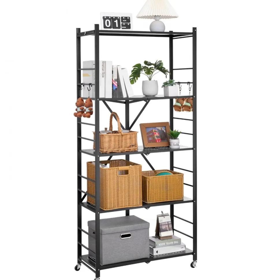 VEVOR 5-Tier Foldable Storage Shelf, 32W x 14D x 72H Inch Folding Metal Rack Shelving Unit, No Assembly Organizer Shelf with 5 Wheels & 4 Hooks for Pantry, Kitchen, Garage, Basement, Black