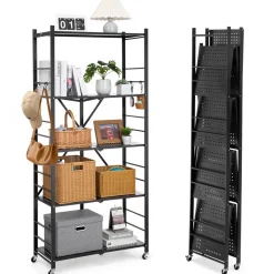VEVOR 5-Tier Foldable Storage Shelf, 32W x 14D x 72H Inch Folding Metal Rack Shelving Unit, No Assembly Organizer Shelf with 5 Wheels & 4 Hooks for Pantry, Kitchen, Garage, Basement, Black