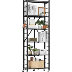 VEVOR 6-Tier Foldable Storage Shelf, 24W x 12D x 72H Inch Folding Metal Rack Shelving Unit, No Assembly Organizer Shelf with 5 Wheels & 4 Hooks for Pantry, Kitchen, Garage, Basement, Black