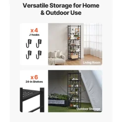 VEVOR 6-Tier Foldable Storage Shelf, 24W x 12D x 72H Inch Folding Metal Rack Shelving Unit, No Assembly Organizer Shelf with 5 Wheels & 4 Hooks for Pantry, Kitchen, Garage, Basement, Black
