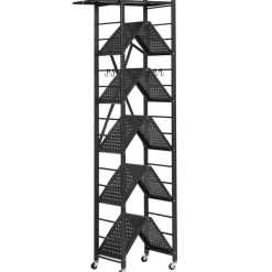 VEVOR 6-Tier Foldable Storage Shelf, 24W x 12D x 72H Inch Folding Metal Rack Shelving Unit, No Assembly Organizer Shelf with 5 Wheels & 4 Hooks for Pantry, Kitchen, Garage, Basement, Black