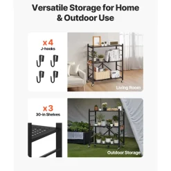 VEVOR 3-Tier Foldable Storage Shelf, 30W x 13D x 36H Inch Folding Metal Rack Shelving Unit, No Assembly Organizer Shelf with 5 Wheels & 4 Hooks for Pantry, Kitchen, Garage, Basement, Black