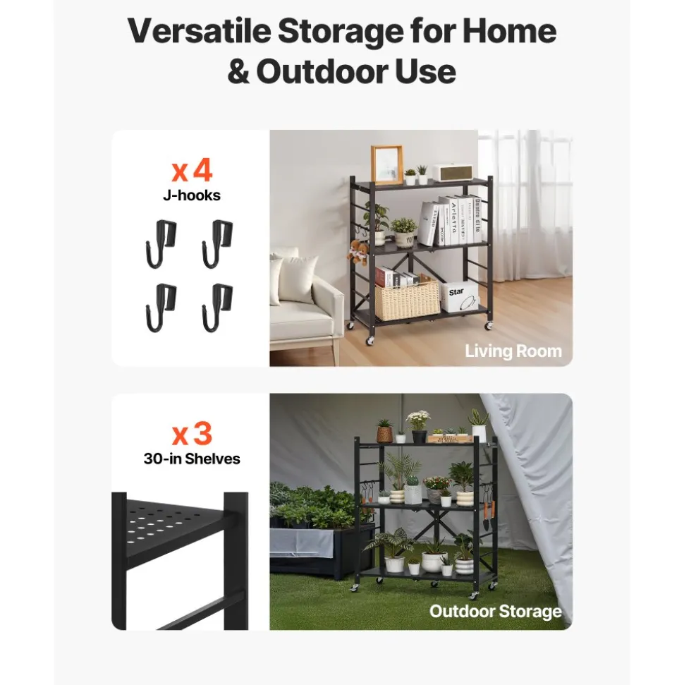 VEVOR 5-Tier Foldable Storage Shelf, 28 W x 15D x 64H Inch Folding Metal Rack Shelving Unit, No Assembly Organizer Shelf with 5 Wheels & 4 Hooks for Pantry, Kitchen, Garage, Basement, White