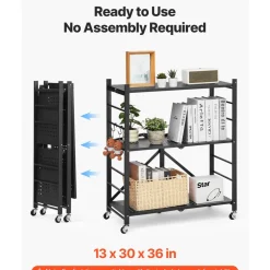 VEVOR 3-Tier Foldable Storage Shelf, 30W x 13D x 36H Inch Folding Metal Rack Shelving Unit, No Assembly Organizer Shelf with 5 Wheels & 4 Hooks for Pantry, Kitchen, Garage, Basement, Black