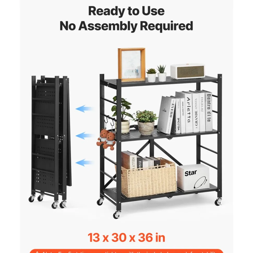 VEVOR 5-Tier Foldable Storage Shelf, 28 W x 15D x 64H Inch Folding Metal Rack Shelving Unit, No Assembly Organizer Shelf with 5 Wheels & 4 Hooks for Pantry, Kitchen, Garage, Basement, White