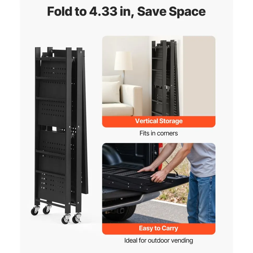 VEVOR 5-Tier Foldable Storage Shelf, 28 W x 15D x 64H Inch Folding Metal Rack Shelving Unit, No Assembly Organizer Shelf with 5 Wheels & 4 Hooks for Pantry, Kitchen, Garage, Basement, White