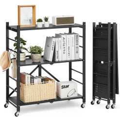 VEVOR 5-Tier Foldable Storage Shelf, 28 W x 15D x 64H Inch Folding Metal Rack Shelving Unit, No Assembly Organizer Shelf with 5 Wheels & 4 Hooks for Pantry, Kitchen, Garage, Basement, White