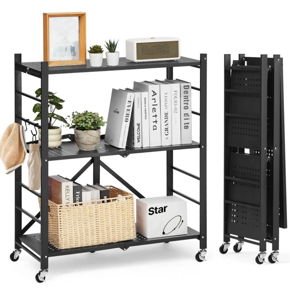 VEVOR 5-Tier Foldable Storage Shelf, 28 W x 15D x 64H Inch Folding Metal Rack Shelving Unit, No Assembly Organizer Shelf with 5 Wheels & 4 Hooks for Pantry, Kitchen, Garage, Basement, White
