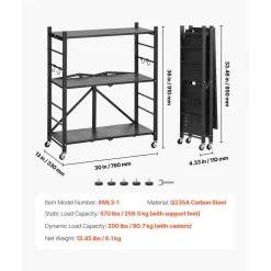 VEVOR 5-Tier Foldable Storage Shelf, 28 W x 15D x 64H Inch Folding Metal Rack Shelving Unit, No Assembly Organizer Shelf with 5 Wheels & 4 Hooks for Pantry, Kitchen, Garage, Basement, White