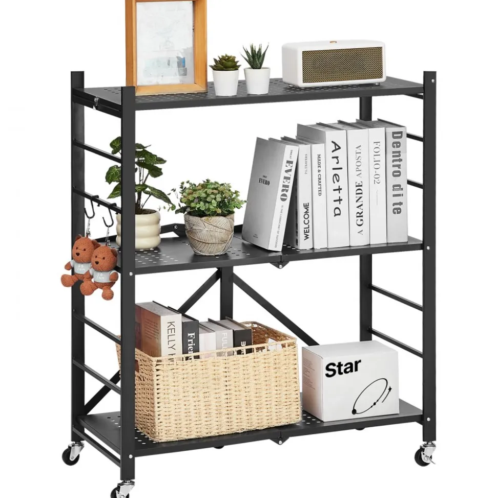 VEVOR 5-Tier Foldable Storage Shelf, 28 W x 15D x 64H Inch Folding Metal Rack Shelving Unit, No Assembly Organizer Shelf with 5 Wheels & 4 Hooks for Pantry, Kitchen, Garage, Basement, White