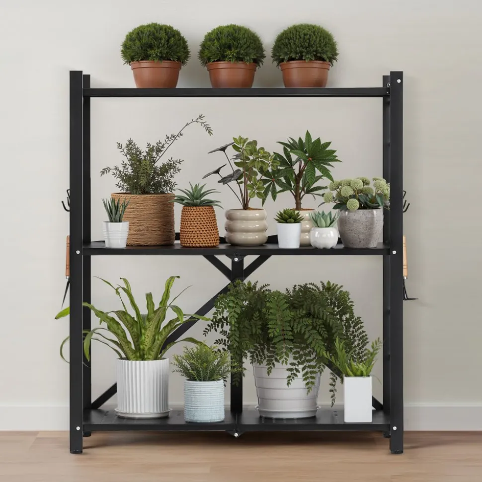 VEVOR 5-Tier Foldable Storage Shelf, 28 W x 15D x 64H Inch Folding Metal Rack Shelving Unit, No Assembly Organizer Shelf with 5 Wheels & 4 Hooks for Pantry, Kitchen, Garage, Basement, White