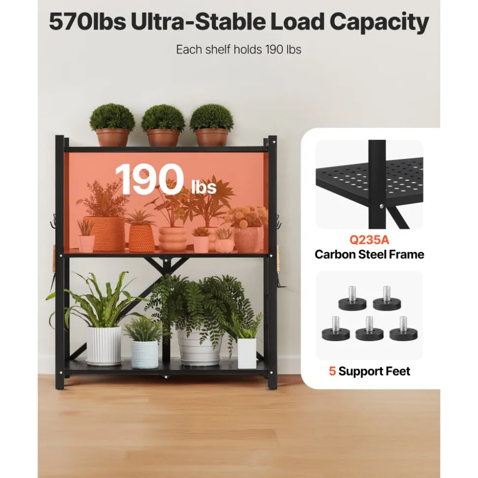 VEVOR 5-Tier Foldable Storage Shelf, 28 W x 15D x 64H Inch Folding Metal Rack Shelving Unit, No Assembly Organizer Shelf with 5 Wheels & 4 Hooks for Pantry, Kitchen, Garage, Basement, White