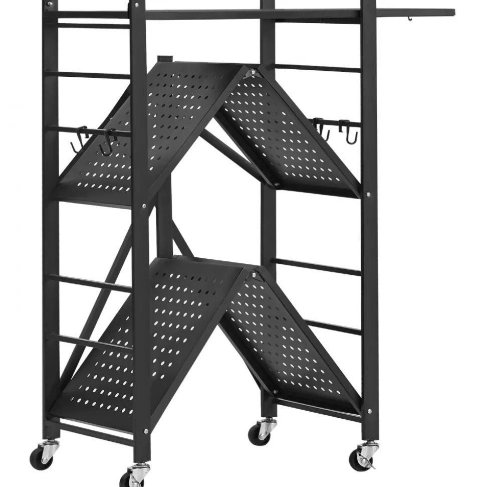 VEVOR 5-Tier Foldable Storage Shelf, 28 W x 15D x 64H Inch Folding Metal Rack Shelving Unit, No Assembly Organizer Shelf with 5 Wheels & 4 Hooks for Pantry, Kitchen, Garage, Basement, White