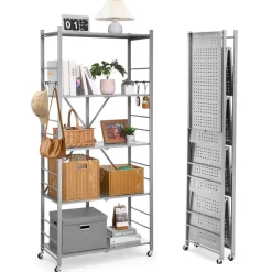VEVOR 5-Tier Foldable Storage Shelf, 32W x 14D x 72H Inch Folding Metal Rack Shelving Unit, No Assembly Organizer Shelf with 5 Wheels & 4 Hooks for Pantry, Kitchen, Garage, Basement, Grey