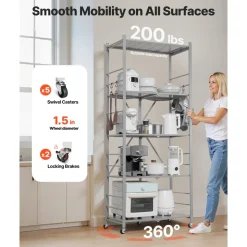 VEVOR 5-Tier Foldable Storage Shelf, 32W x 14D x 72H Inch Folding Metal Rack Shelving Unit, No Assembly Organizer Shelf with 5 Wheels & 4 Hooks for Pantry, Kitchen, Garage, Basement, Grey