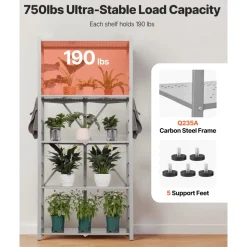 VEVOR 5-Tier Foldable Storage Shelf, 32W x 14D x 72H Inch Folding Metal Rack Shelving Unit, No Assembly Organizer Shelf with 5 Wheels & 4 Hooks for Pantry, Kitchen, Garage, Basement, Grey