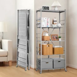 VEVOR 5-Tier Foldable Storage Shelf, 32W x 14D x 72H Inch Folding Metal Rack Shelving Unit, No Assembly Organizer Shelf with 5 Wheels & 4 Hooks for Pantry, Kitchen, Garage, Basement, Grey