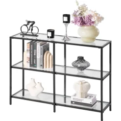 VEVOR 3-Tier Glass Console Table, Modern Rectangle Sofa Side Table with Tempered Glass Top and Iron Legs, Golden Consloe Desk with Anti-Tip Device for Living Room, Hallway, Entryway, Foyer, Black