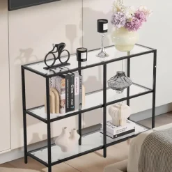 VEVOR 3-Tier Glass Console Table, Modern Rectangle Sofa Side Table with Tempered Glass Top and Iron Legs, Golden Consloe Desk with Anti-Tip Device for Living Room, Hallway, Entryway, Foyer, Black