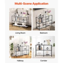 VEVOR 3-Tier Glass Console Table, Modern Rectangle Sofa Side Table with Tempered Glass Top and Iron Legs, Golden Consloe Desk with Anti-Tip Device for Living Room, Hallway, Entryway, Foyer, Black