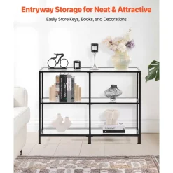 VEVOR 3-Tier Glass Console Table, Modern Rectangle Sofa Side Table with Tempered Glass Top and Iron Legs, Golden Consloe Desk with Anti-Tip Device for Living Room, Hallway, Entryway, Foyer, Black