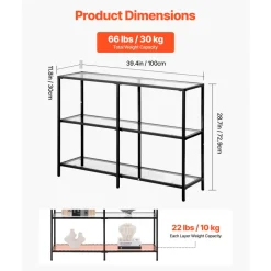 VEVOR 3-Tier Glass Console Table, Modern Rectangle Sofa Side Table with Tempered Glass Top and Iron Legs, Golden Consloe Desk with Anti-Tip Device for Living Room, Hallway, Entryway, Foyer, Black