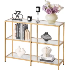 VEVOR 3-Tier Glass Console Table, Modern Rectangle Sofa Side Table with Tempered Glass Top and Iron Legs, Golden Consloe Desk with Anti-Tip Device for Living Room, Hallway, Entryway, Foyer, Golden