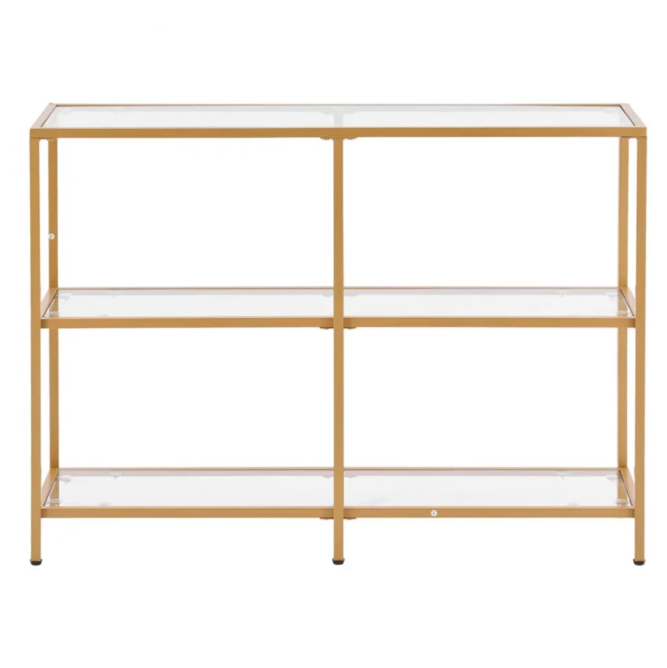 VEVOR 3-Tier Glass Console Table, Modern Rectangle Sofa Side Table with Tempered Glass Top and Iron Legs, Golden Consloe Desk with Anti-Tip Device for Living Room, Hallway, Entryway, Foyer, Golden