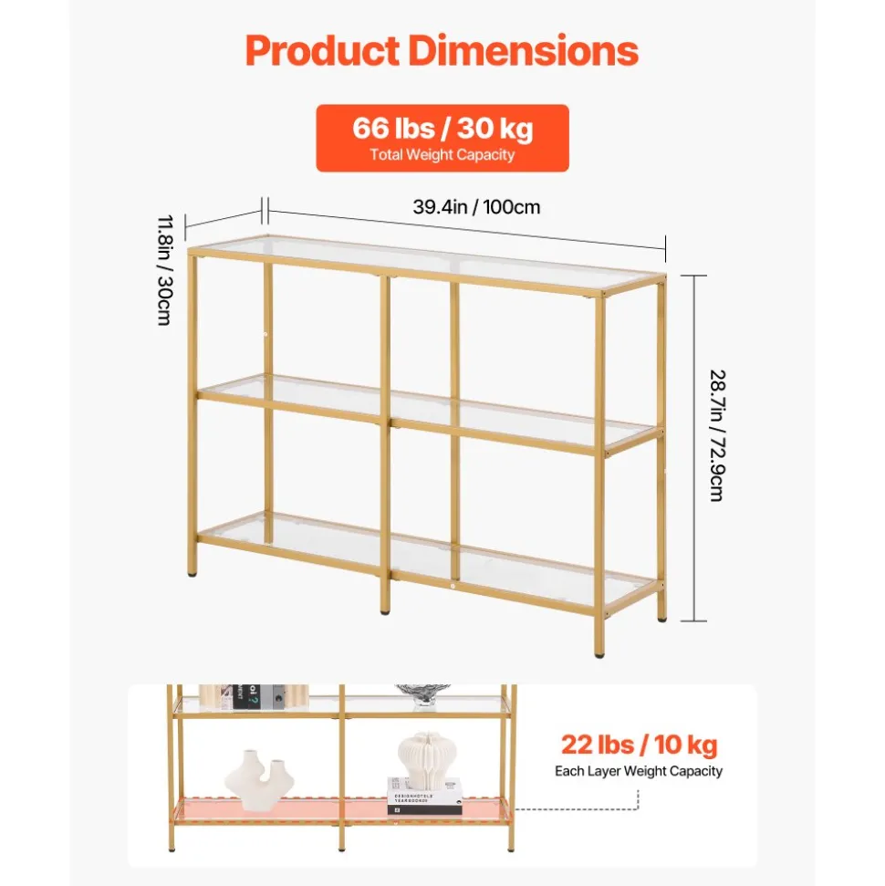 VEVOR 3-Tier Glass Console Table, Modern Rectangle Sofa Side Table with Tempered Glass Top and Iron Legs, Golden Consloe Desk with Anti-Tip Device for Living Room, Hallway, Entryway, Foyer, Golden