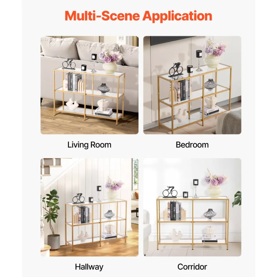 VEVOR 3-Tier Glass Console Table, Modern Rectangle Sofa Side Table with Tempered Glass Top and Iron Legs, Golden Consloe Desk with Anti-Tip Device for Living Room, Hallway, Entryway, Foyer, Golden