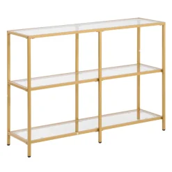 VEVOR 3-Tier Glass Console Table, Modern Rectangle Sofa Side Table with Tempered Glass Top and Iron Legs, Golden Consloe Desk with Anti-Tip Device for Living Room, Hallway, Entryway, Foyer, Golden