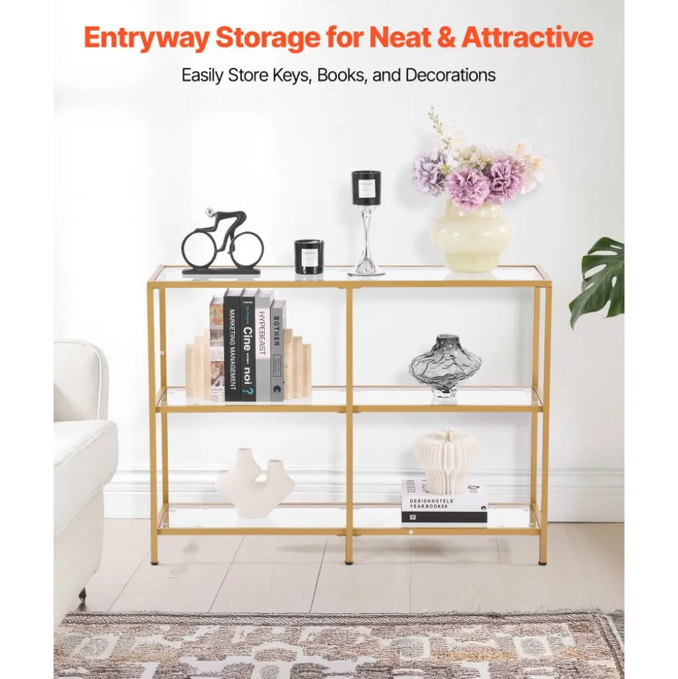 VEVOR 3-Tier Glass Console Table, Modern Rectangle Sofa Side Table with Tempered Glass Top and Iron Legs, Golden Consloe Desk with Anti-Tip Device for Living Room, Hallway, Entryway, Foyer, Golden