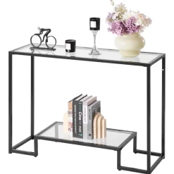 VEVOR 2-Tier Glass Console Table, Modern Rectangle Sofa Side Table with Tempered Glass Top and Iron Legs, Golden Consloe Desk with Anti-Tip Device for Living Room, Hallway, Entryway, Foyer, Black