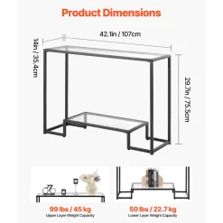 VEVOR 2-Tier Glass Console Table, Modern Rectangle Sofa Side Table with Tempered Glass Top and Iron Legs, Golden Consloe Desk with Anti-Tip Device for Living Room, Hallway, Entryway, Foyer, Black