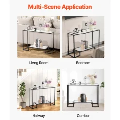 VEVOR 2-Tier Glass Console Table, Modern Rectangle Sofa Side Table with Tempered Glass Top and Iron Legs, Golden Consloe Desk with Anti-Tip Device for Living Room, Hallway, Entryway, Foyer, Black