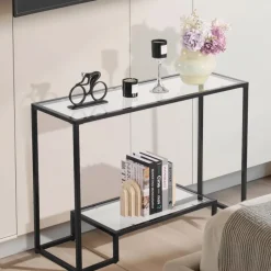 VEVOR 2-Tier Glass Console Table, Modern Rectangle Sofa Side Table with Tempered Glass Top and Iron Legs, Golden Consloe Desk with Anti-Tip Device for Living Room, Hallway, Entryway, Foyer, Black