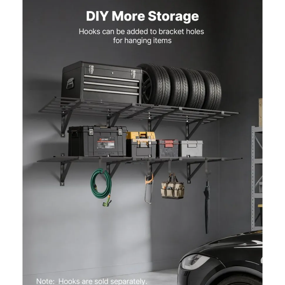 VEVOR 2-Tier Heavy Duty Wall Garage Shelving, 4 Pack 2 x 3 ft Steel Wall Mounted Shelving Unit, 24 x 72 Inch Per Shelf Floating Storage Metal Rack for Garage, 1600 lbs Total Weight Capacity, Black
