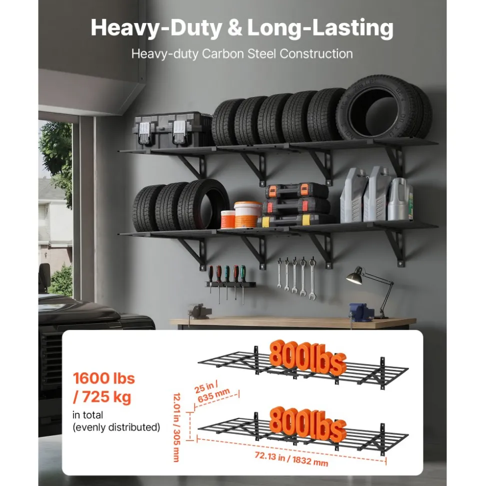 VEVOR 2-Tier Heavy Duty Wall Garage Shelving, 4 Pack 2 x 3 ft Steel Wall Mounted Shelving Unit, 24 x 72 Inch Per Shelf Floating Storage Metal Rack for Garage, 1600 lbs Total Weight Capacity, Black