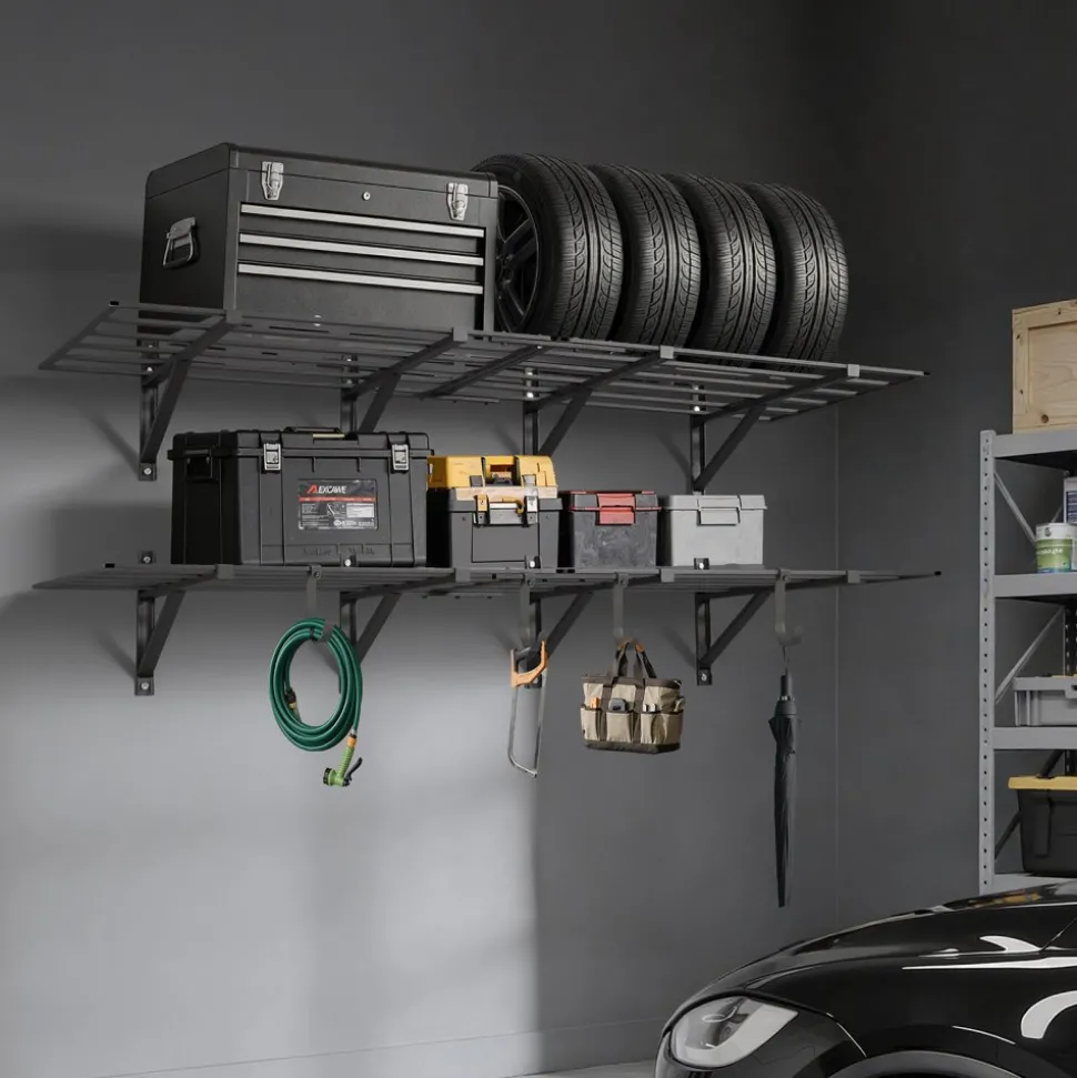 VEVOR 2-Tier Heavy Duty Wall Garage Shelving, 4 Pack 2 x 3 ft Steel Wall Mounted Shelving Unit, 24 x 72 Inch Per Shelf Floating Storage Metal Rack for Garage, 1600 lbs Total Weight Capacity, Black