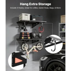 VEVOR 2-Tier Heavy Duty Wall Garage Shelving, 2 x 3 ft Steel Wall Mounted Shelving Unit with Hooks, 24 x 36 Inch Per Shelf Floating Storage Metal Rack for Garage, 500 lbs Total Weight Capacity, Black