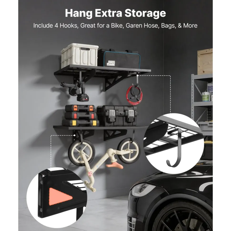 VEVOR 2-Tier Heavy Duty Wall Garage Shelving, 2 x 3 ft Steel Wall Mounted Shelving Unit with Hooks, 24 x 36 Inch Per Shelf Floating Storage Metal Rack for Garage, 500 lbs Total Weight Capacity, Black