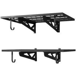 VEVOR 2-Tier Heavy Duty Wall Garage Shelving, 2 x 3 ft Steel Wall Mounted Shelving Unit with Hooks, 24 x 36 Inch Per Shelf Floating Storage Metal Rack for Garage, 500 lbs Total Weight Capacity, Black