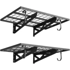 VEVOR 2-Tier Heavy Duty Wall Garage Shelving, 2 x 3 ft Steel Wall Mounted Shelving Unit with Hooks, 24 x 36 Inch Per Shelf Floating Storage Metal Rack for Garage, 500 lbs Total Weight Capacity, Black